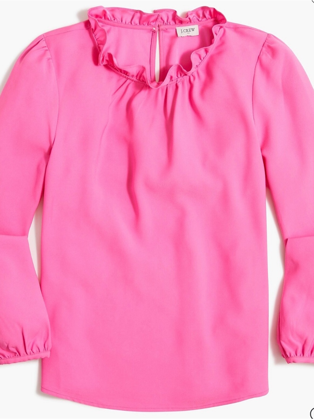 J.Crew Neon Tulip Long Sleeve Ruffle Neck Blouse | Hot Pink Workwear Top | L